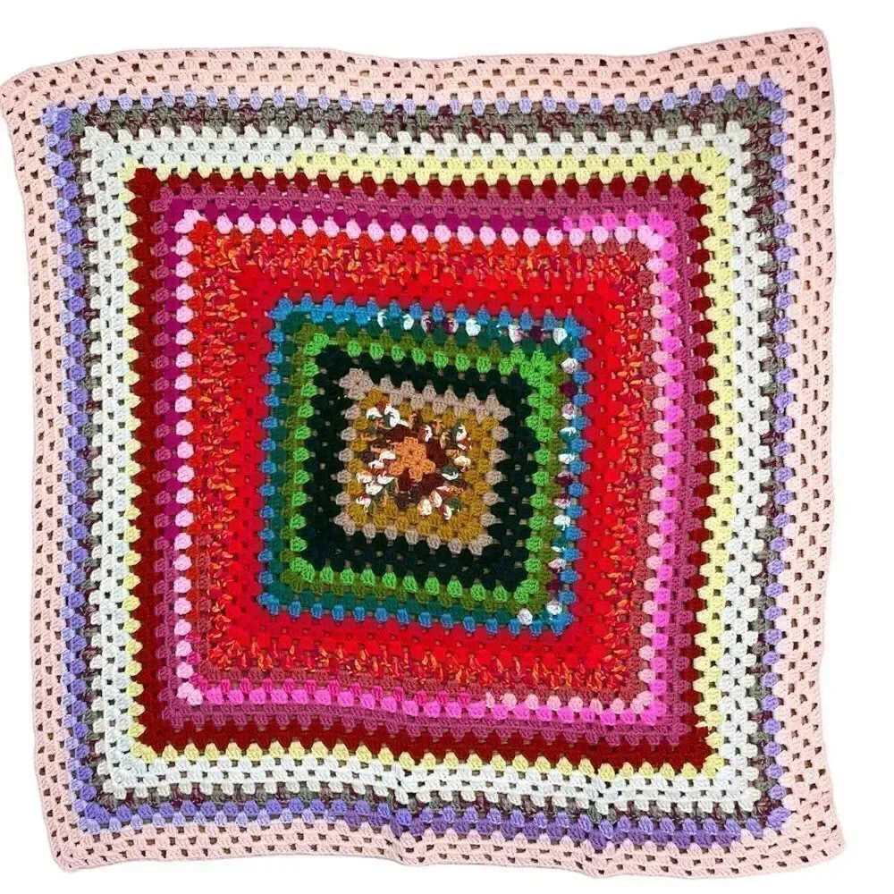 Vintage Afghan-Granny Blanket Multi Color Handmade 36x36 Boho 70s Sm Throw EUC